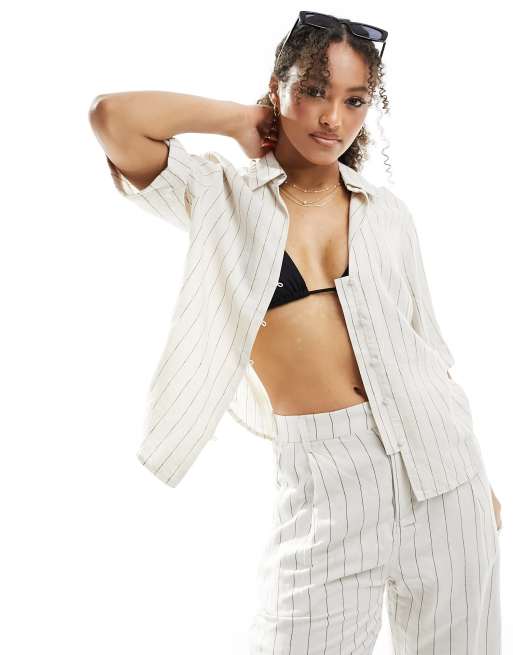 Lindex - Edda - Camicia da mare squadrata beige a righe in misto lino in coordinato 