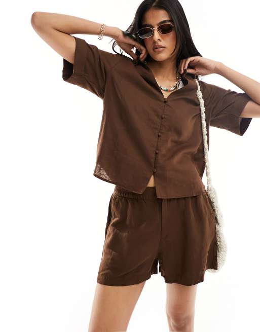 Lindex - Edda - Camicia da mare squadrata in misto lino marrone in coordinato