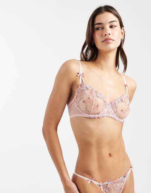 Lindex - Ella M - Balconette-bh zonder vulling met geborduurde bloemen in lichtroze, 4 van 4