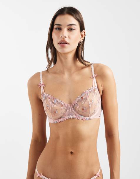 Lindex Ella M floral embroidery non padded underwired balconette bra in light pink - view 1