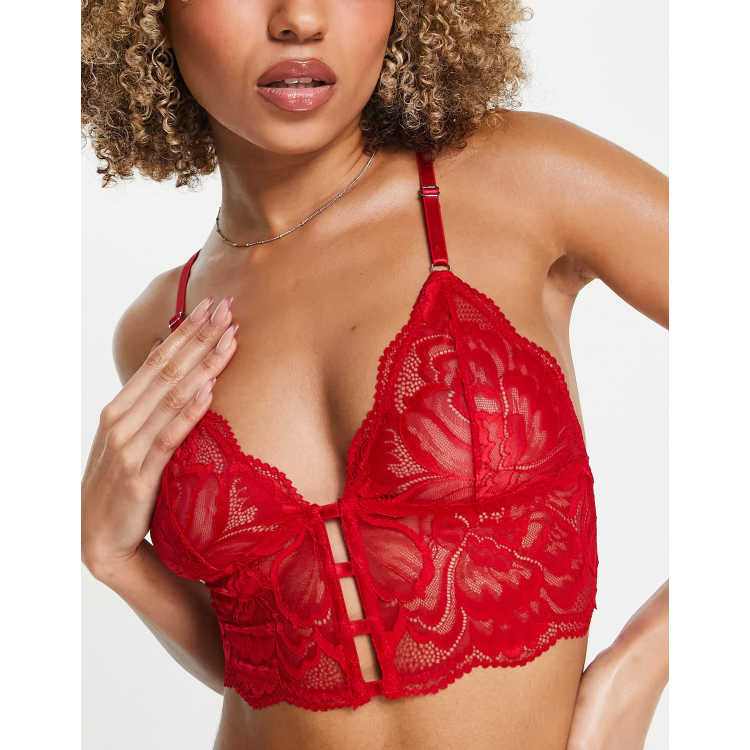 Lindex Elsa sheer lace longline strappy back bralette in red | ASOS