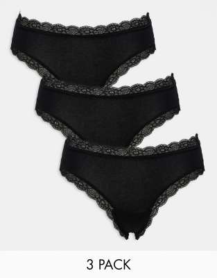 Lindex - Emelie - 3er-Pack brasilianische Slips in Schwarz mit Spitzenbesatz