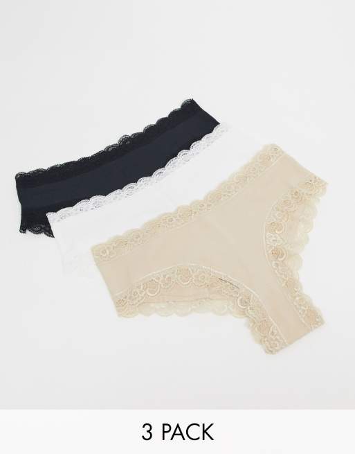 Lindex – Emelie – Zestaw 3 par bawełnianych fig brazylijskich wykończonych koronką – MULTI