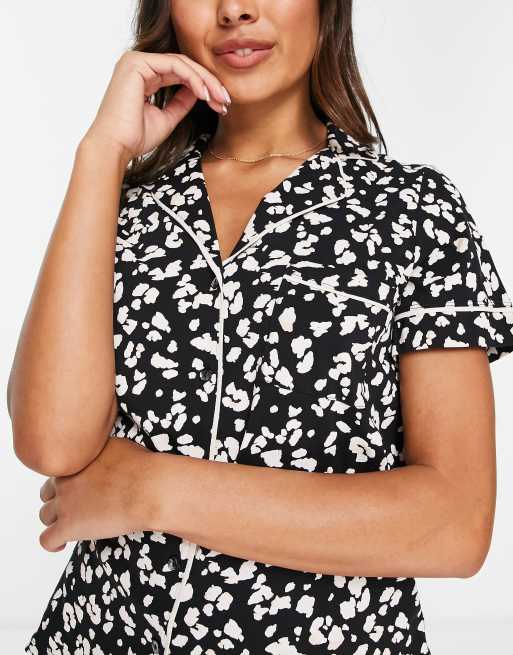 Lindex Exclusive cotton leopard print short sleeve revere pajama top in black - BLACK, 3 of 4
