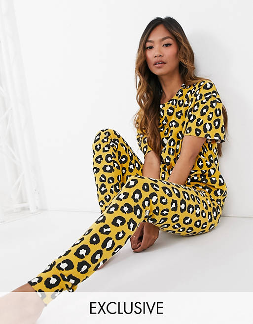 Lindex Exclusive cotton leopard print t-shirt and legging set in natural - YELLOW