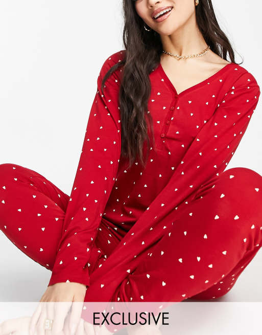 Lindex – Exclusive – Czerwony top od piżamy z guzikami na dekolcie we wzór w serca