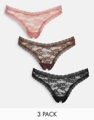 Lindex Exclusive Dana lace high leg thong 3 pack in black, brown and pink