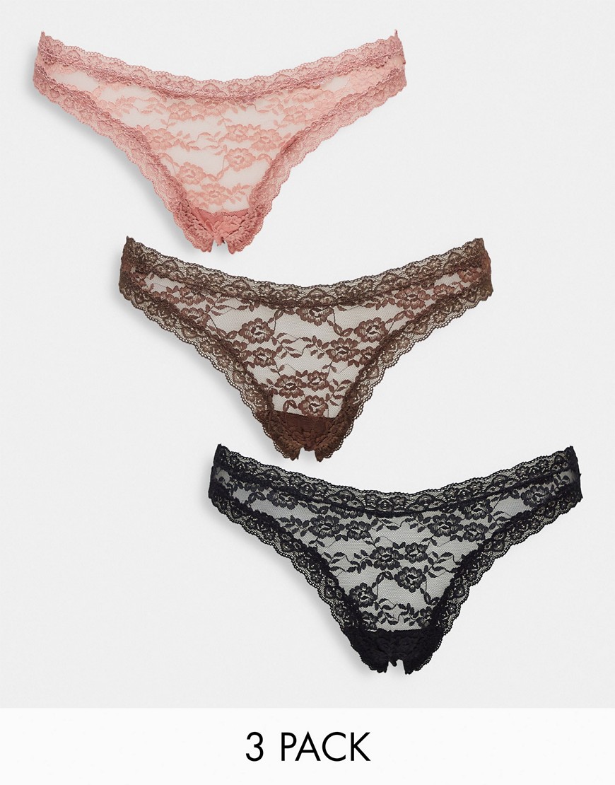 Lindex Exclusive Dana lace high leg thong 3 pack in black, brown and pink-Multi