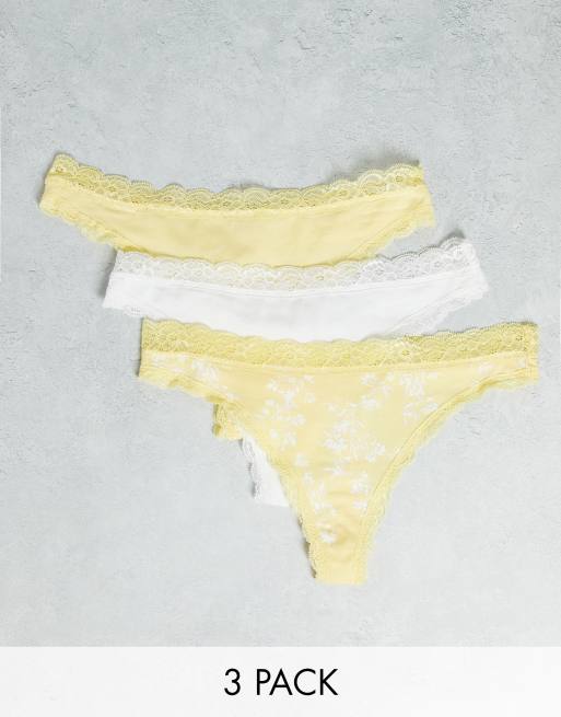 Lindex Exclusive Emelie cotton lace trim lingerie thong in yellow floral print – 3 pack – MULTI