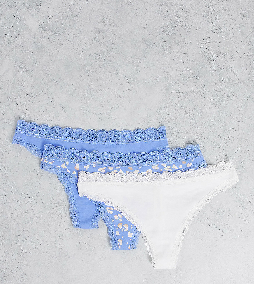 Lindex Exclusive Emelie organic cotton blend lace trim thong in white and blue leopard-Multi