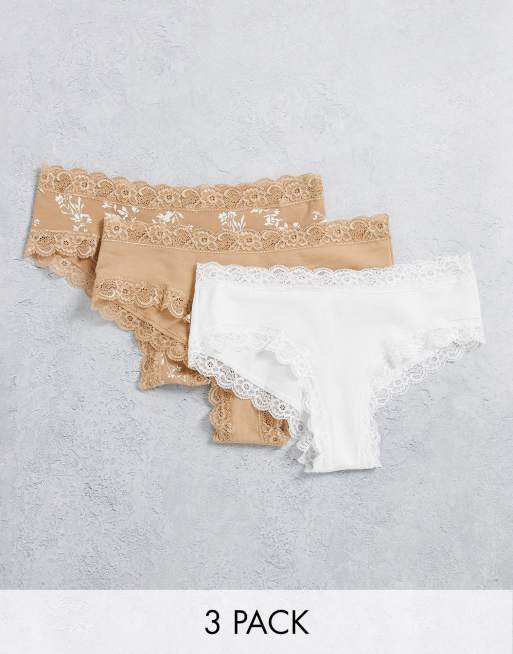 Lindex Exclusive – Emelie – Zestaw 3 par wykończonych koronką bawełnianych fig w kolorze różowym w kwiatowy wzór - MULTI