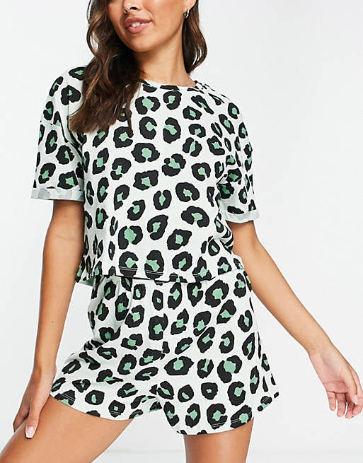 Lindex Exclusive Jenna cotton leopard print t-shirt and short set in mint - MGREEN