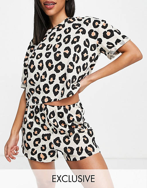 Lindex Exclusive Jenna cotton leopard print t-shirt and short set in natural - MULTI