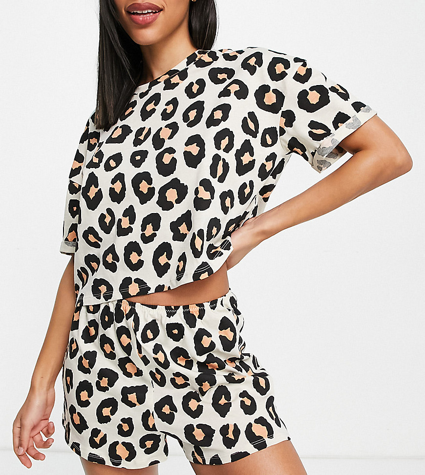 Lindex Exclusive Jenna organic cotton leopard print T-shirt & shorts set in natural-Multi