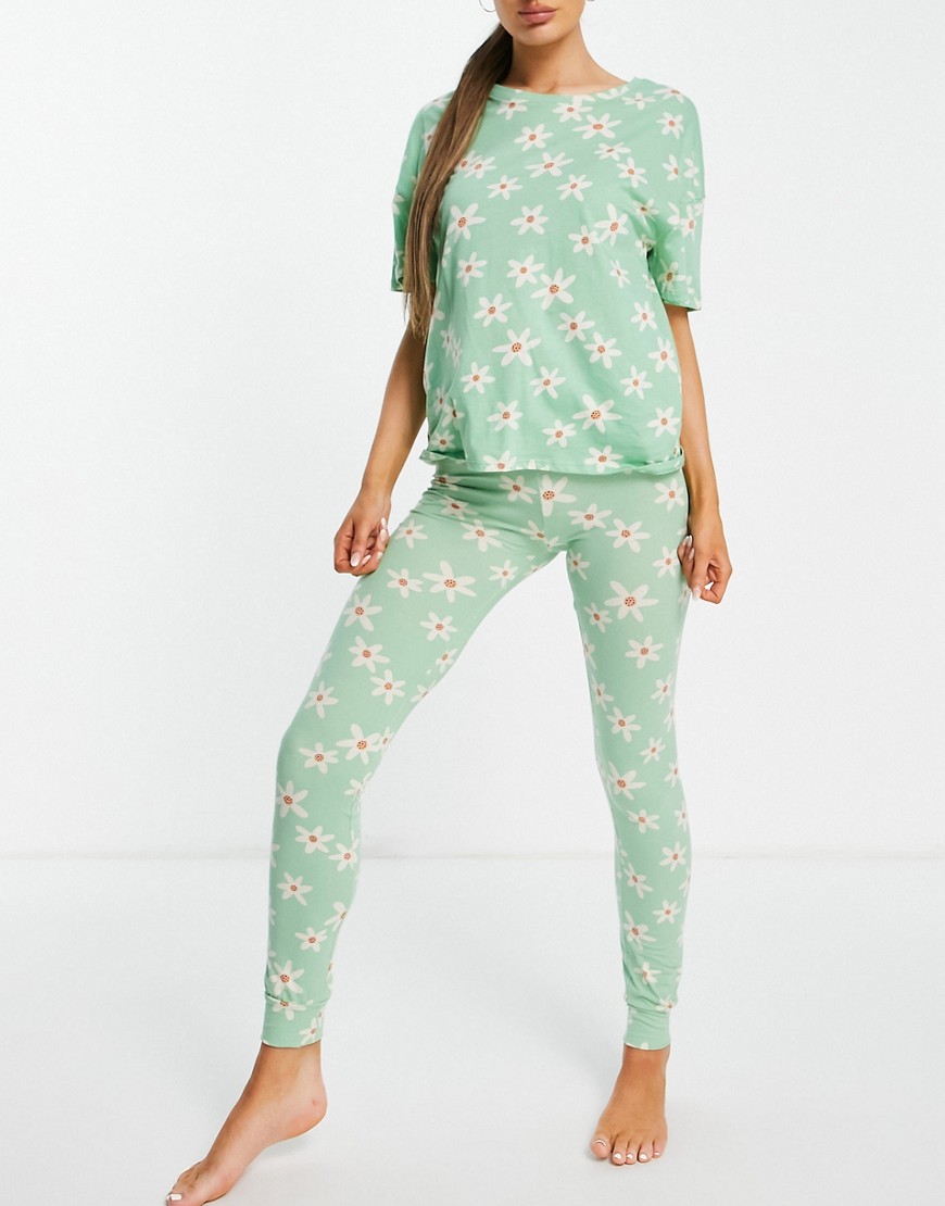 Lindex Exclusive Josie organic cotton daisy print t-shirt and legging set in sage green