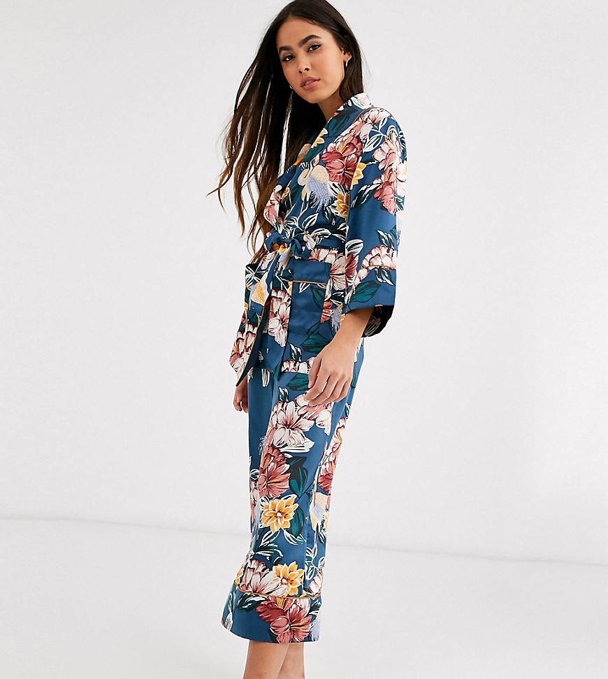 Lindex - Exclusive - Mira - blomstrede cropped pyjamasbukser i mørk turkis-Blå