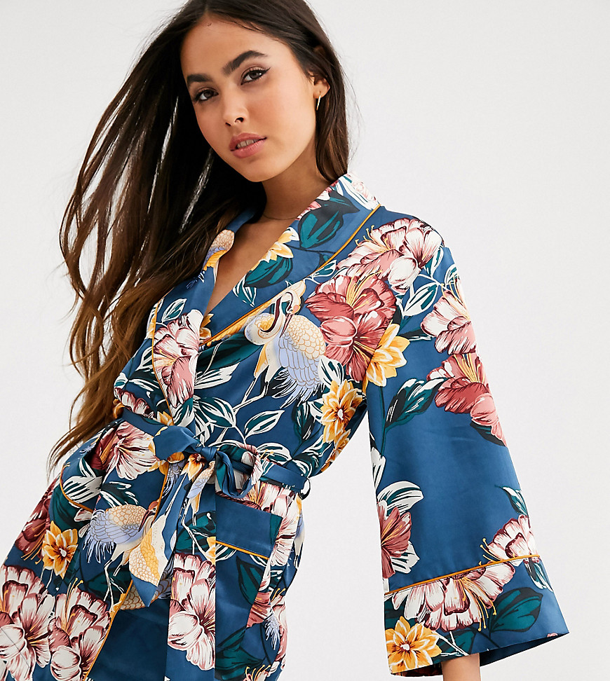 Lindex Exclusive - Mira - blomstret kimono pyjamas slå-om-top i mørk turkis-Blå