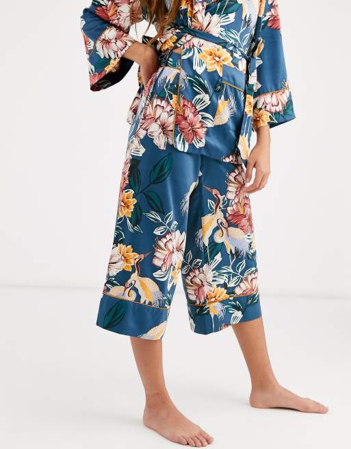 Lindex Exclusive Mira Floral Cropped Pyjama Bottoms In Dark Turquoise Asos