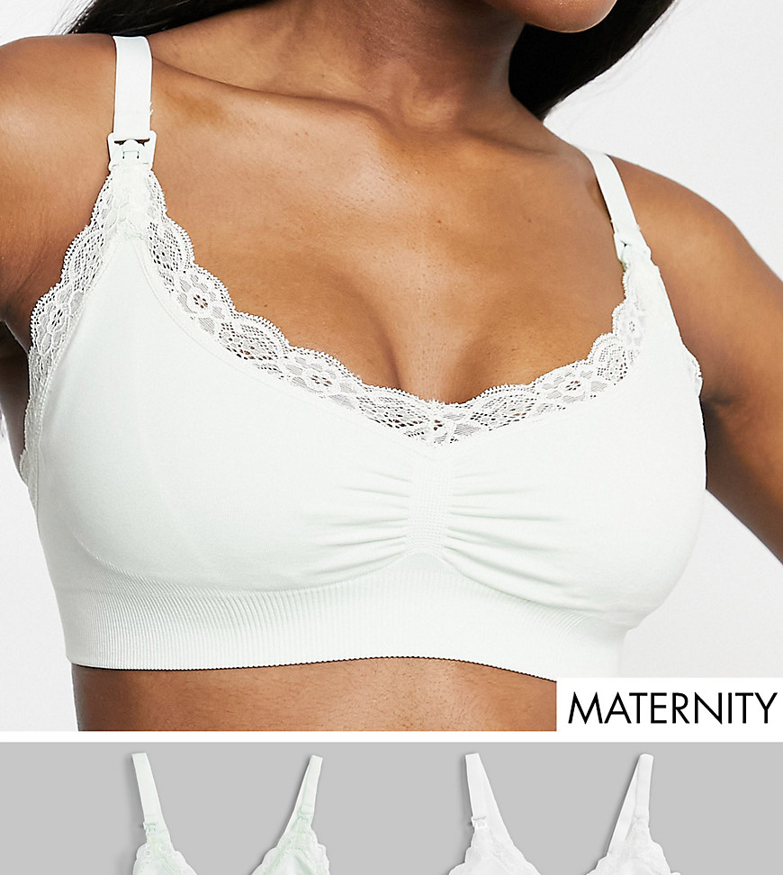 Lindex Exclusive Mom 2 Pack Seamless Nursing Bra With Lace In White And Sage-multi