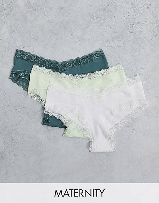 Lindex Exclusive Mom organic cotton blend lace trim under the bump briefs in white green and dusty green