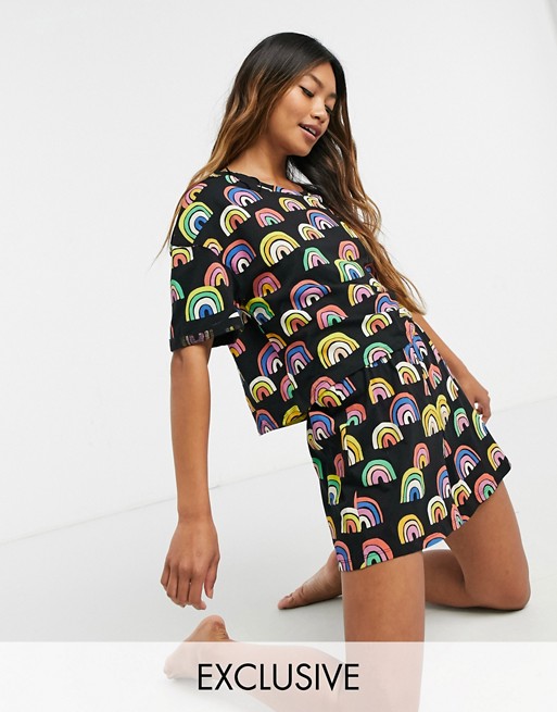 Lindex Exclusive organic cotton rainbow print t-shirt and short set in black