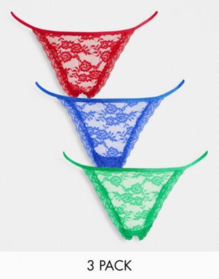 Lindex Exclusive SoU Jennianne 3 pack lace thongs in red/cobalt/emerald