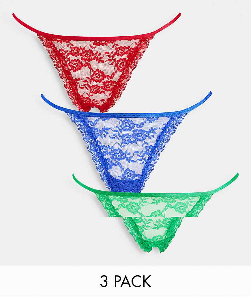 Lindex Exclusive SoU Jennianne 3 pack lace thongs in red/cobalt/emerald-Multi