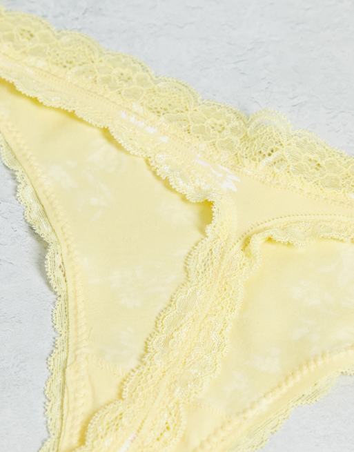 Lindex – Exklusiv – Emelie – 3er-Pack Baumwoll-Tangas in Gelb mit Spitzenbesatz und Blumenmuster - MULTI, 3 von 4