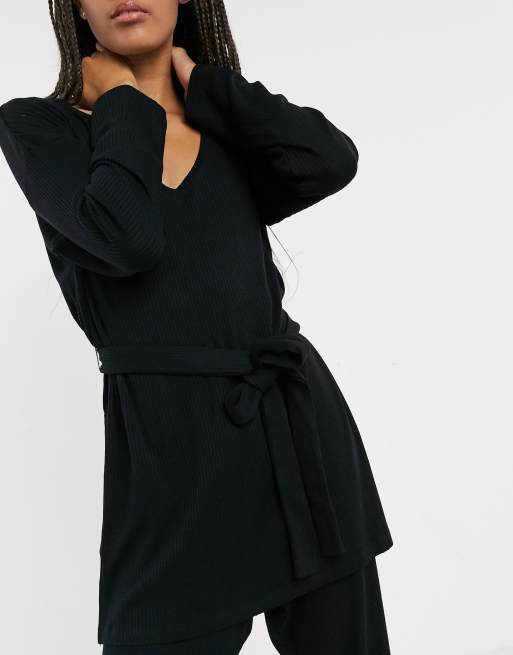 Lindex – Filippa – Geripptes Lounge-Oberteil aus Viskose in Schwarz mit gewickelter Vorderseite - BLACK