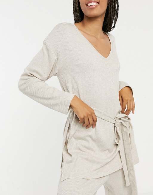 Lindex Filippa viscose ribbed wrap front lounge top in beige - BEIGE