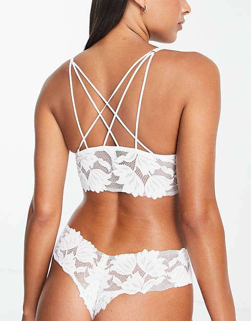 Lindex Flora nylon blend lace longline strappy back bralet in white - WHITE