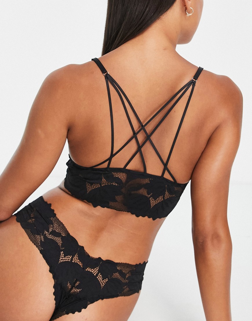 Lindex Flora recycled poly blend lace longline strappy back bralette in black