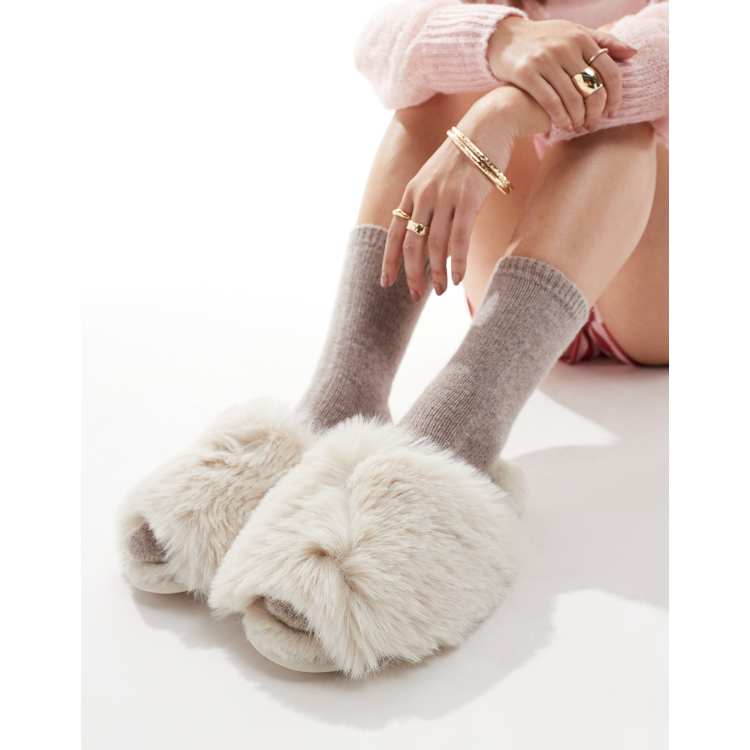 Lindex fluffy slippers in light beige ASOS