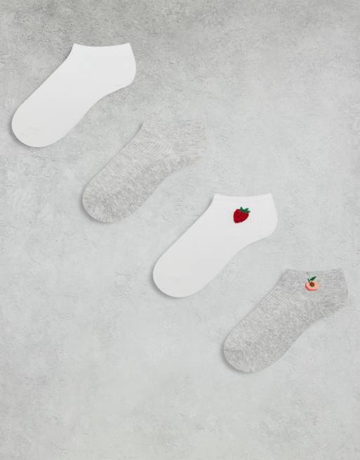 Lindex – Grå och vita, ribbade strumpor med frukttryck, 4-pack