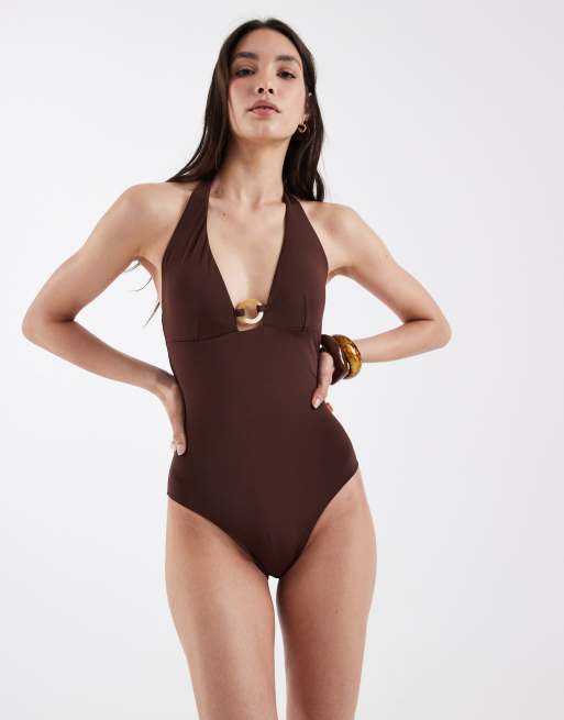 Lindex halterneck swimsuit in dark brown | ASOS