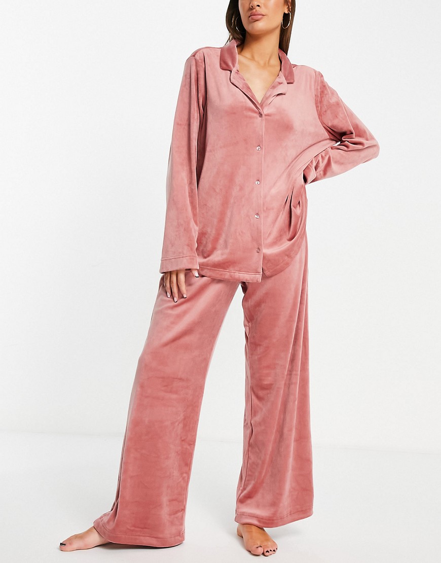 Lindex Jessica recycled poly velour revere top and bottom pajama set in dusty pink
