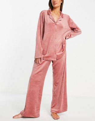 Lindex Jessica poly velour revere top and trouser pyjama set in dusty pink - LPINK