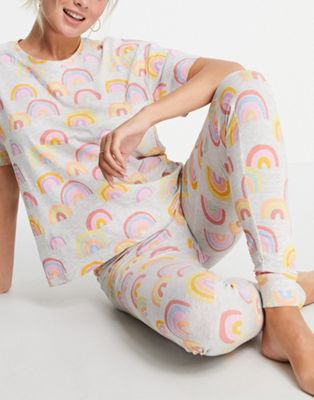 Femme Lindex - Josie - Ensemble t-shirt et legging en coton biologique à imprimé arc-en-ciel - Gris chiné