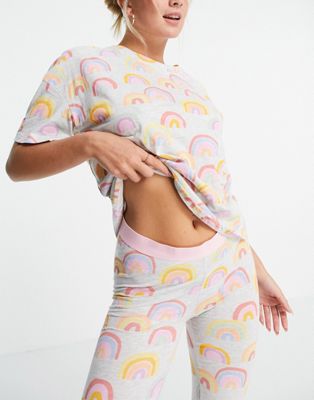 Femme Lindex - Josie - Ensemble t-shirt et legging en coton biologique à imprimé arc-en-ciel - Gris chiné