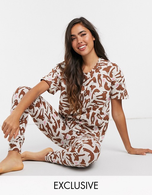 Lindex Josie Exclusive organic cotton sloth print t-shirt and legging set in cream