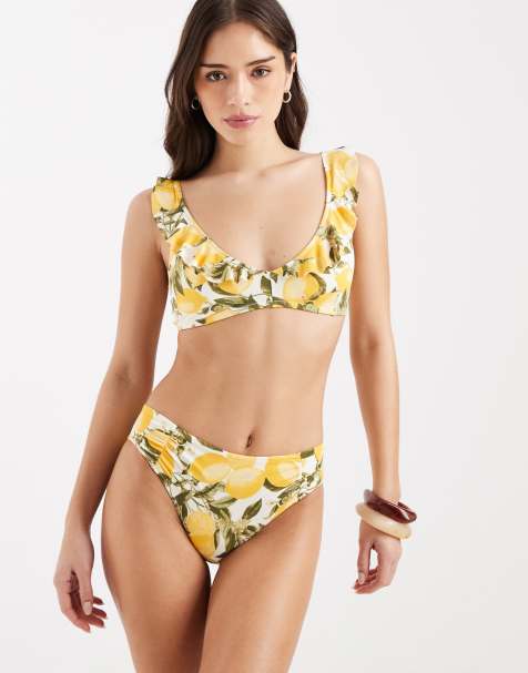 Lindex lemon print ruched side bikini bottom in white multi - view 1