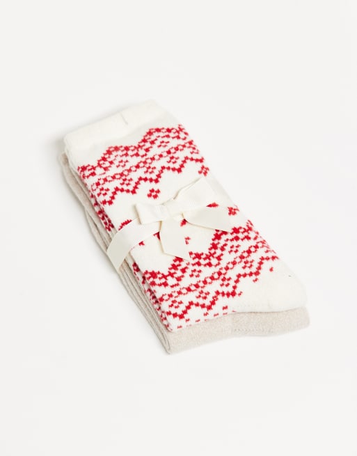 Lindex - Lot de 2 paires de chaussettes confortables à imprimé cœur et motif jacquard - Crème, 2 de 3