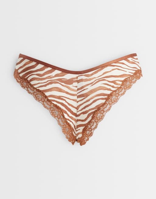 Lindex - Lot de 3 culottes brésiliennes en microfibre douce avec bords en dentelle - Marron et beige, 3 de 3