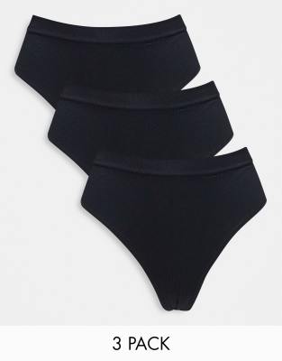 Lindex - Lot de 3 strings côtelés sans coutures à taille haute - Noir