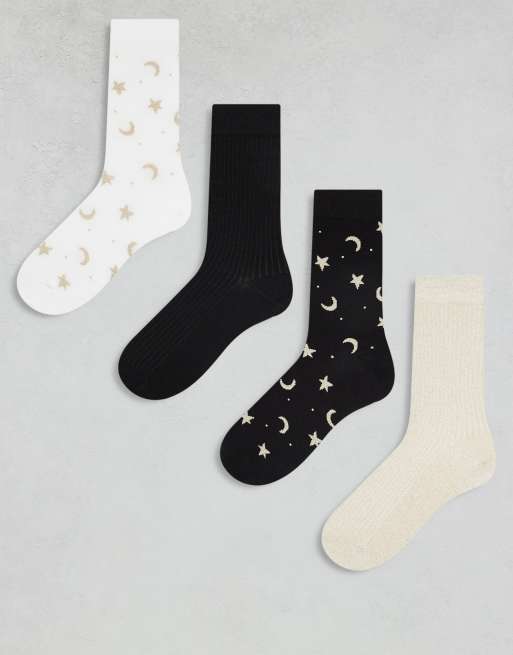 Lindex - Lot de 4 paires de chaussettes avec lunes et étoiles à paillettes - Multicolore