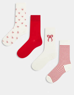 Lindex - Lot de 4 paires de chaussettes imprimées à détails pailletés - Rouge
