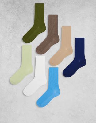 Lindex - Lot de 7 paires de chaussettes côtelées - Vert multicolore