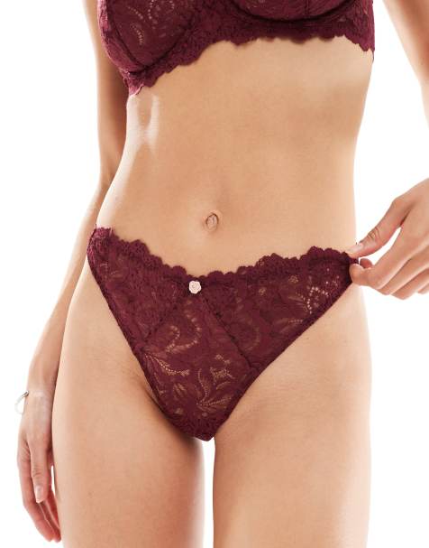 Lindex - Lydia - Ensemble string et soutien-gorge balconnet à bonnets non rembourrés et détail bouton de rose - Bordeaux - view 1