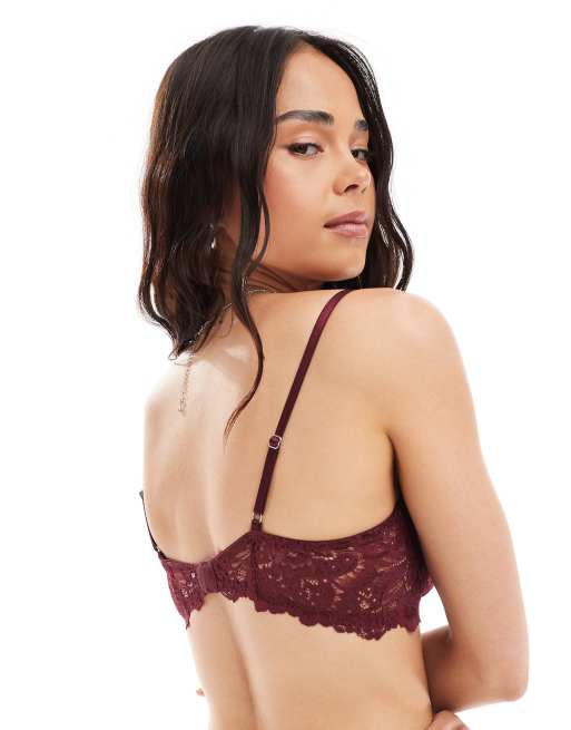 Lindex Lydia non padded balconette bra with rose detail in burgundy, 4 of 4