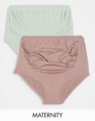 ASOS DESIGN Maternity 2 pack ribbed cotton over the bump knickers in lilac  & black